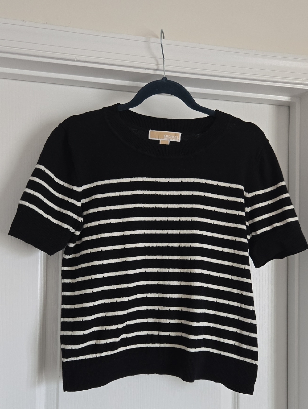 Micheal Kors Black & White Striped Pointelle Sweater Top Medium